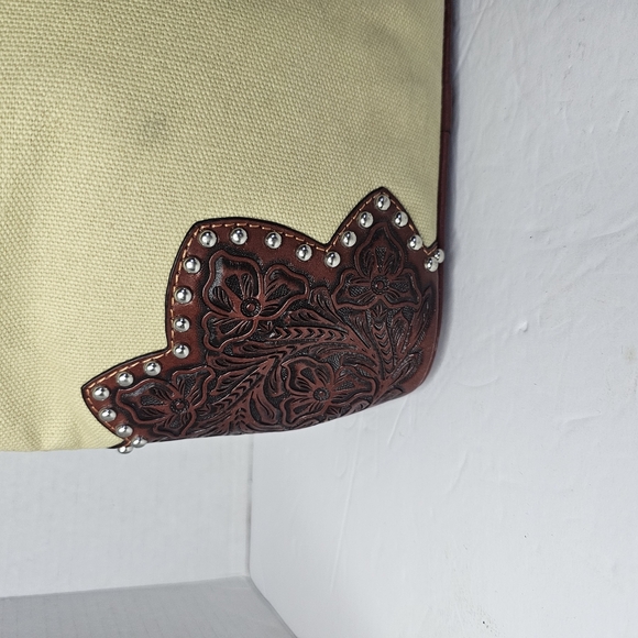 Cream and Brown Western Tote with Leather Accents - Picture 2 of 14